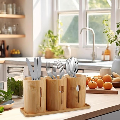 Bamboo Cutlery Holder with Cutlery in Kitchen